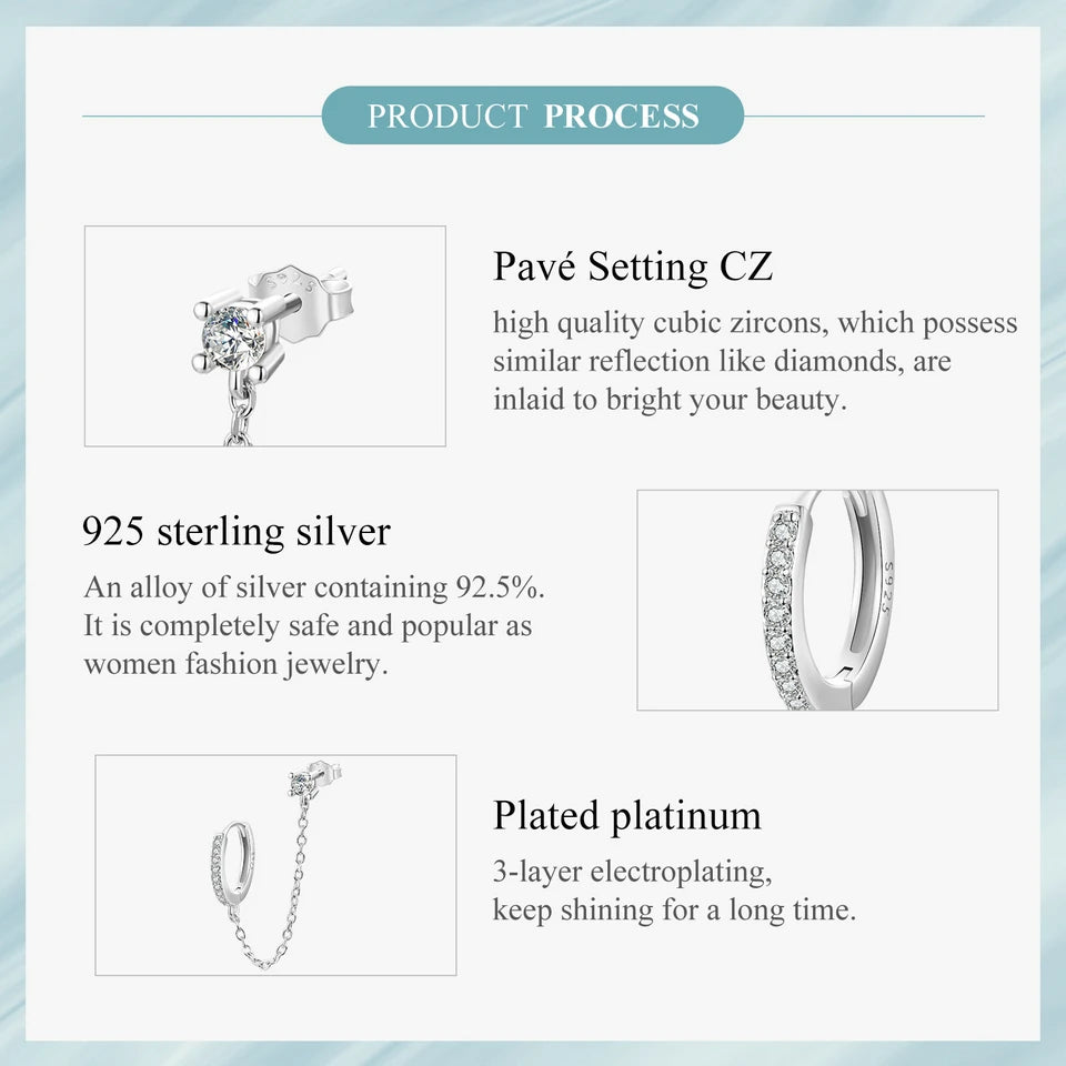 Zircon Stud Earrings with Chain – 925 Sterling Silver Double Hoop