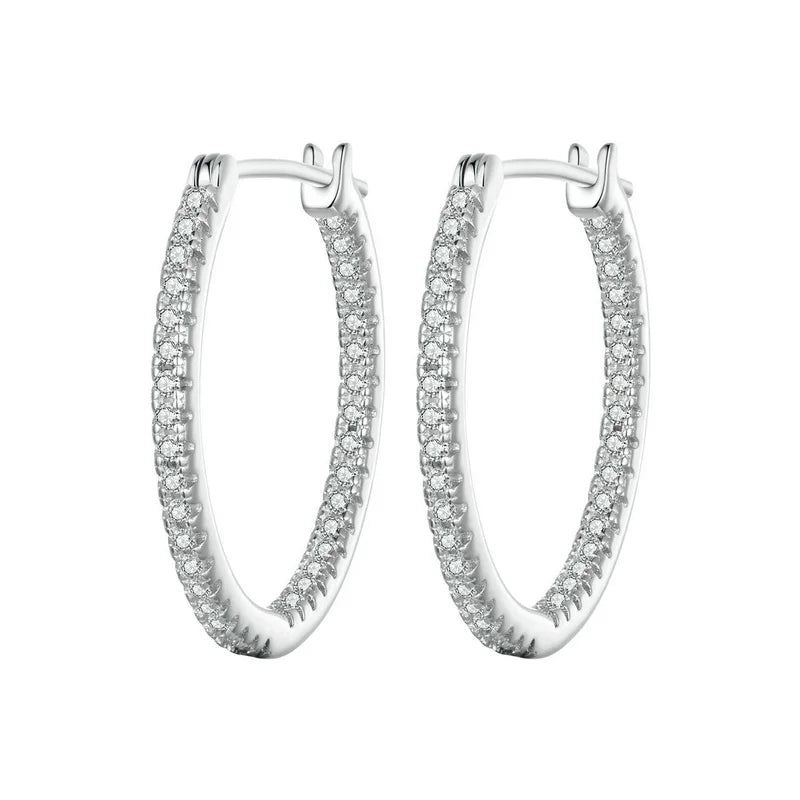 Sterling Silver Hoop Earrings – White Gold Plated with Zircon