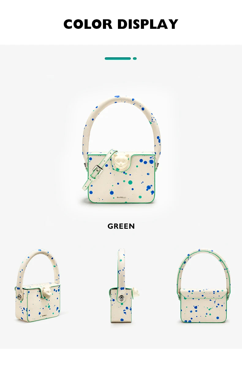 Boxy Genuine Leather Flap Bag – Dot Pattern Cat Design