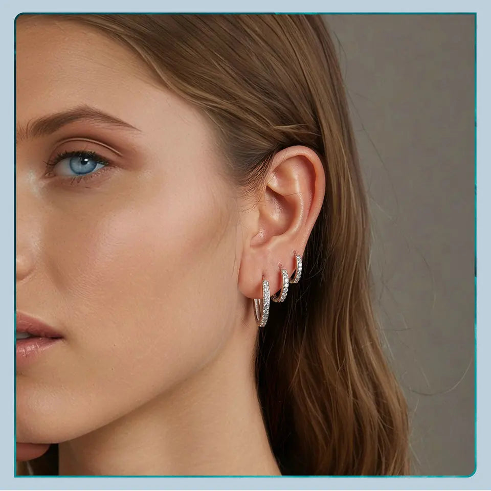 925 Sterling Silver CZ Huggie Hoop Earrings with Geometric Design