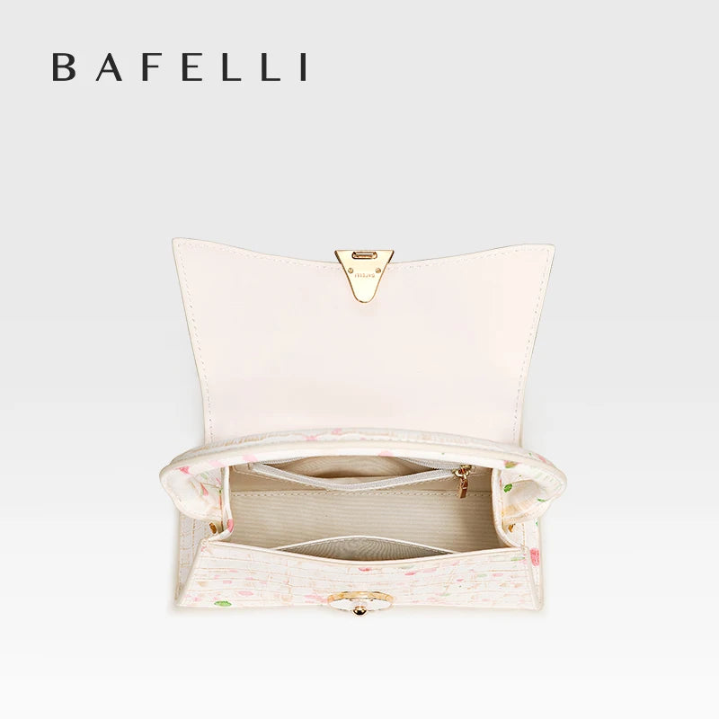 Genuine Leather Half Moon Flap Bag with Floral Pattern