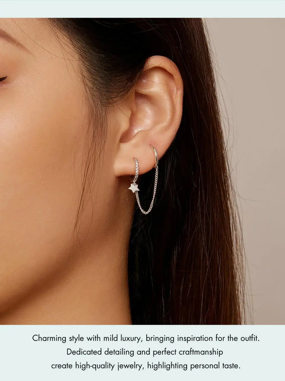 Zircon Stud Earrings with Chain – 925 Sterling Silver Double Hoop