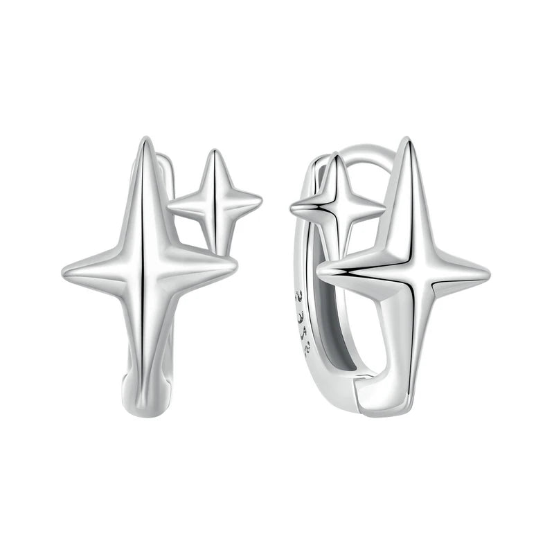 925 Sterling Silver Starlight Hoop Earrings – Minimalist Double Star Huggie