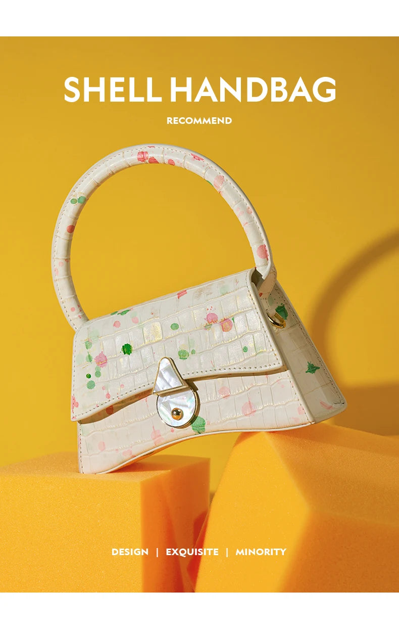 Genuine Leather Half Moon Flap Bag with Floral Pattern