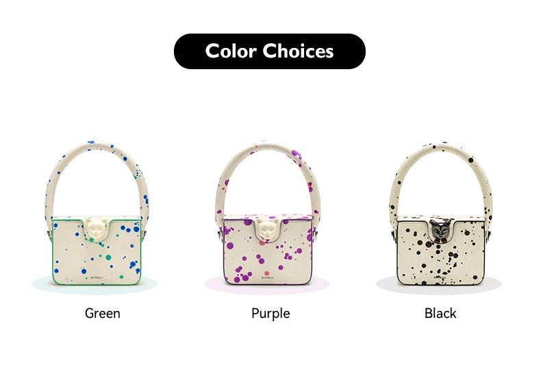 Boxy Genuine Leather Flap Bag – Dot Pattern Cat Design