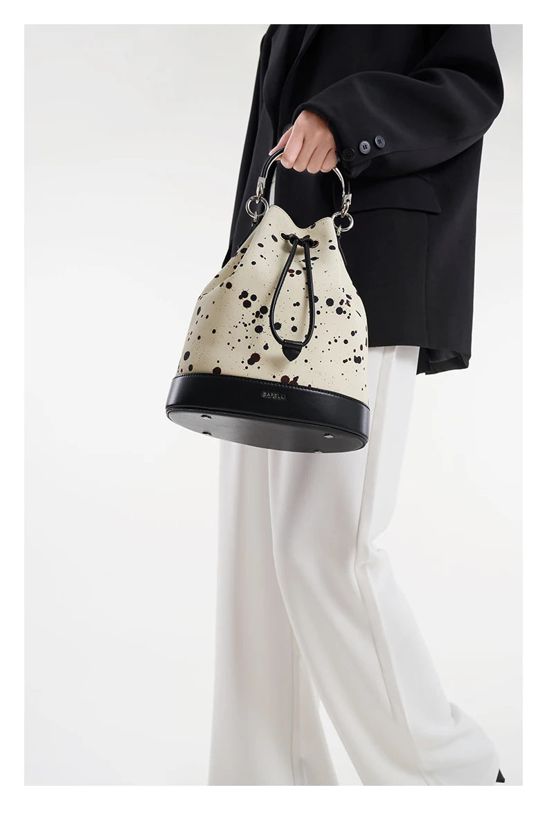 Genuine Leather Bucket Bag – Dot Pattern Drawstring