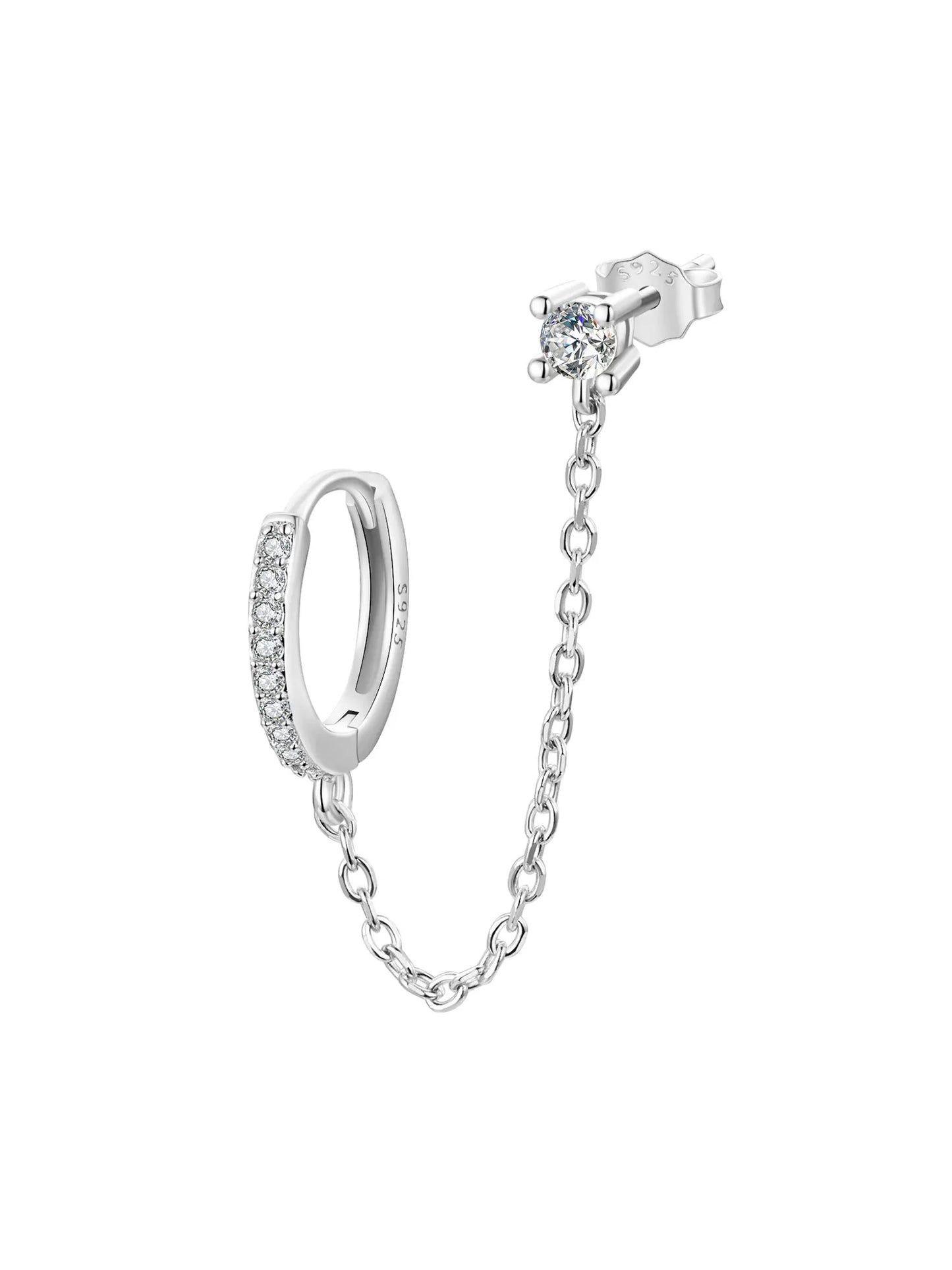 Zircon Stud Earrings with Chain – 925 Sterling Silver Double Hoop