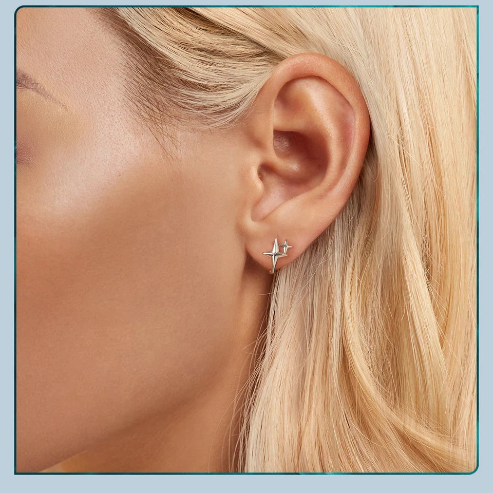 925 Sterling Silver Starlight Hoop Earrings – Minimalist Double Star Huggie