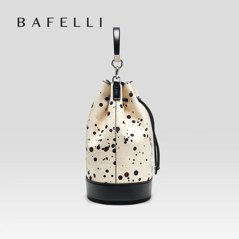 Genuine Leather Bucket Bag – Dot Pattern Drawstring
