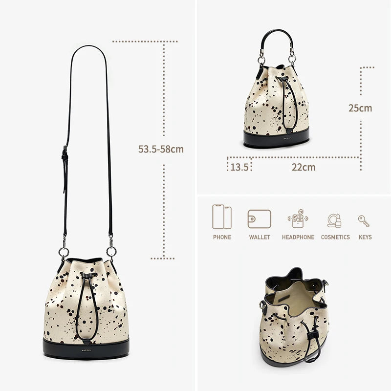 Genuine Leather Bucket Bag – Dot Pattern Drawstring