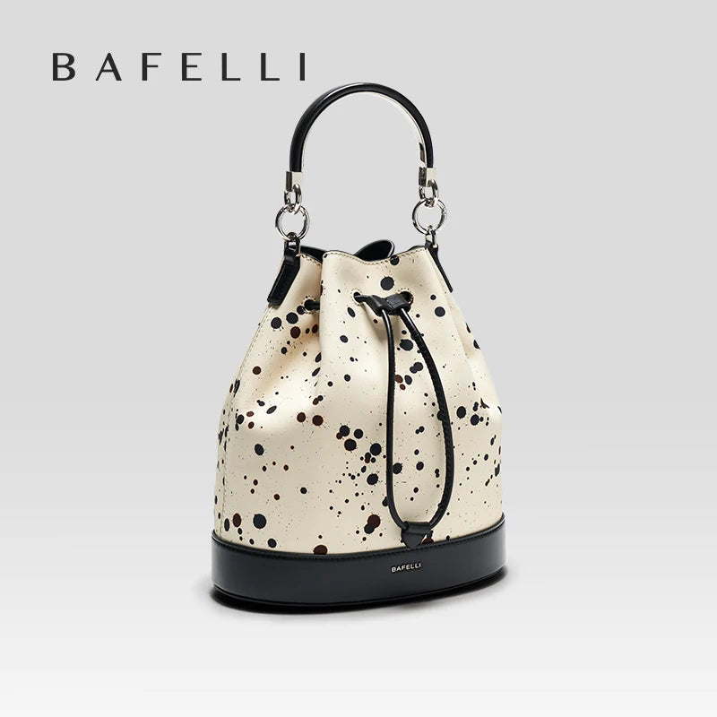Genuine Leather Bucket Bag – Dot Pattern Drawstring