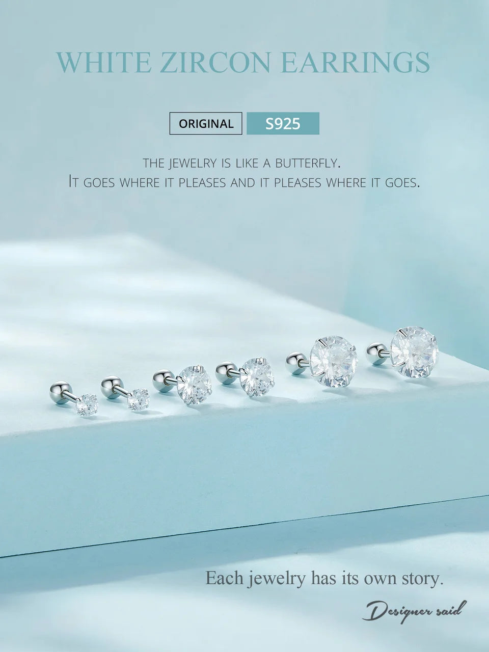 Round Zircon Stud Earrings – 925 Sterling Silver Platinum Plated