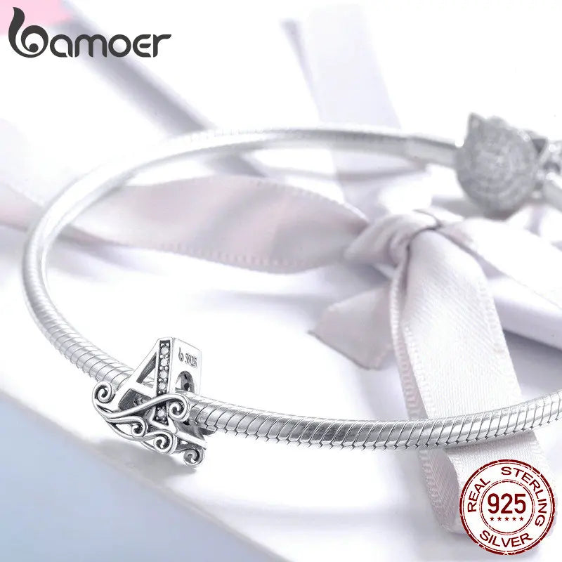 925 Sterling Silver Letter Charm Bead with AAA Zircon