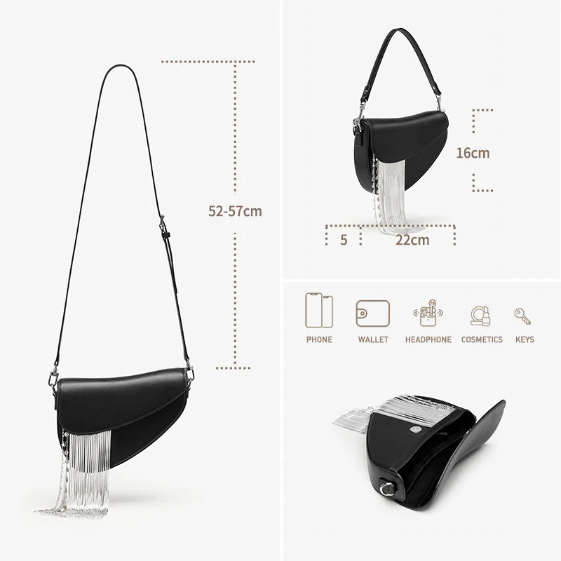 Genuine Leather Saddle Crossbody and Shoulder Bag – Tassel Flap Design