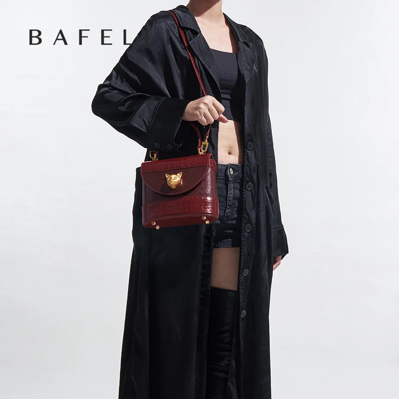 Genuine Leather Flap Shoulder Bag – Animal Texture with Lock