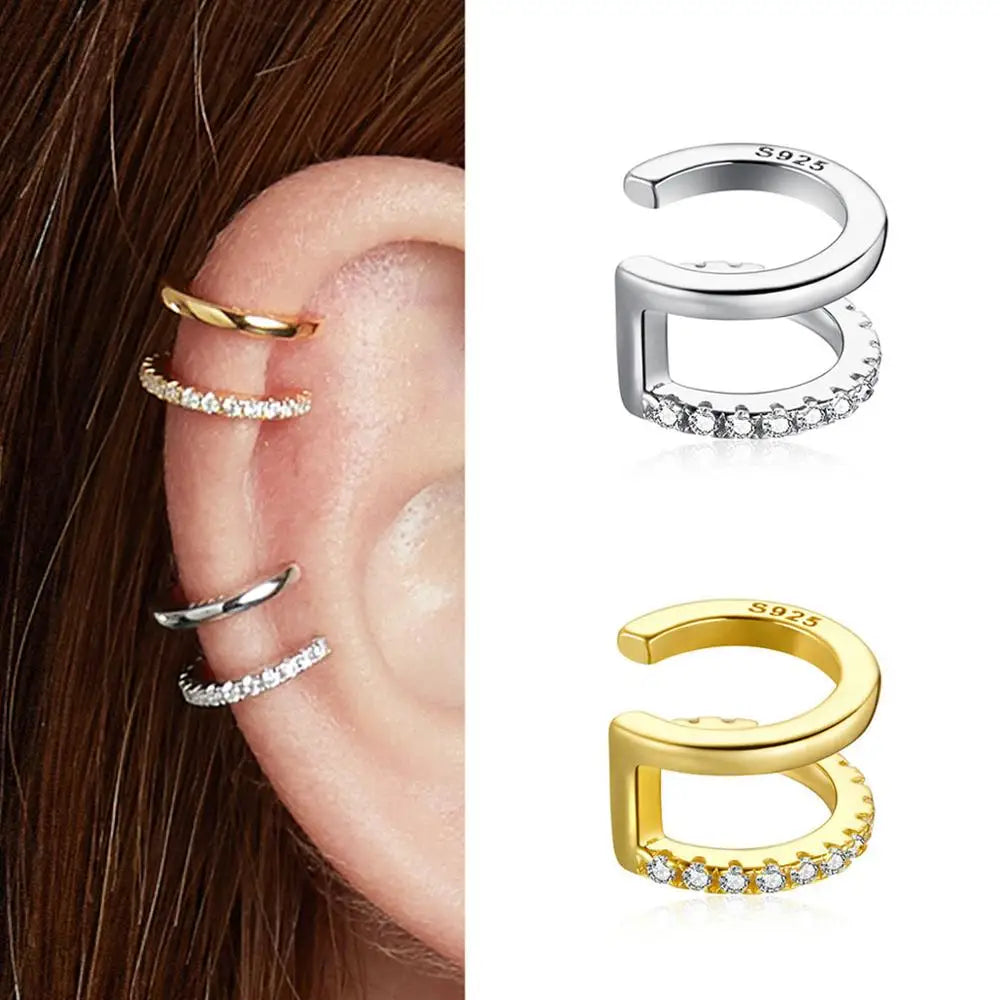 925 Sterling Silver CZ Ear Cuff Clip Earring with Geometric Design