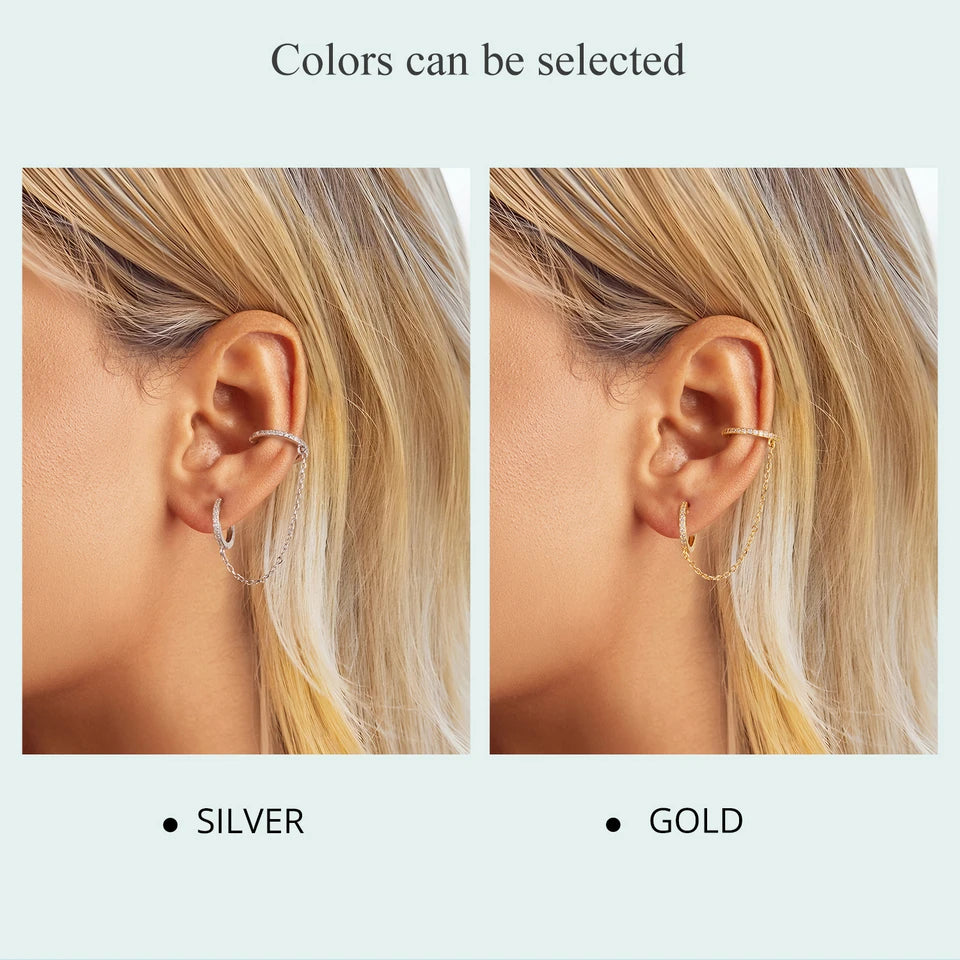 Zircon Stud Earrings with Chain – 925 Sterling Silver Double Hoop