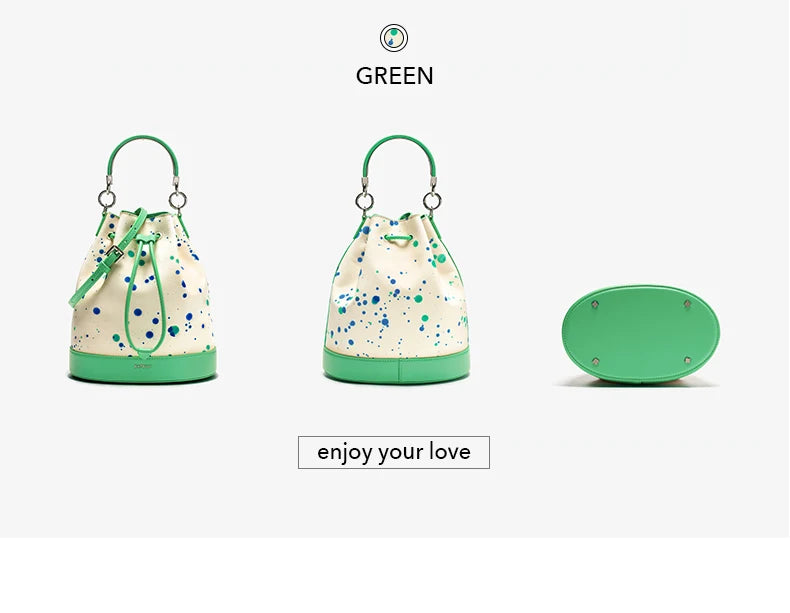 Genuine Leather Bucket Bag – Dot Pattern Drawstring