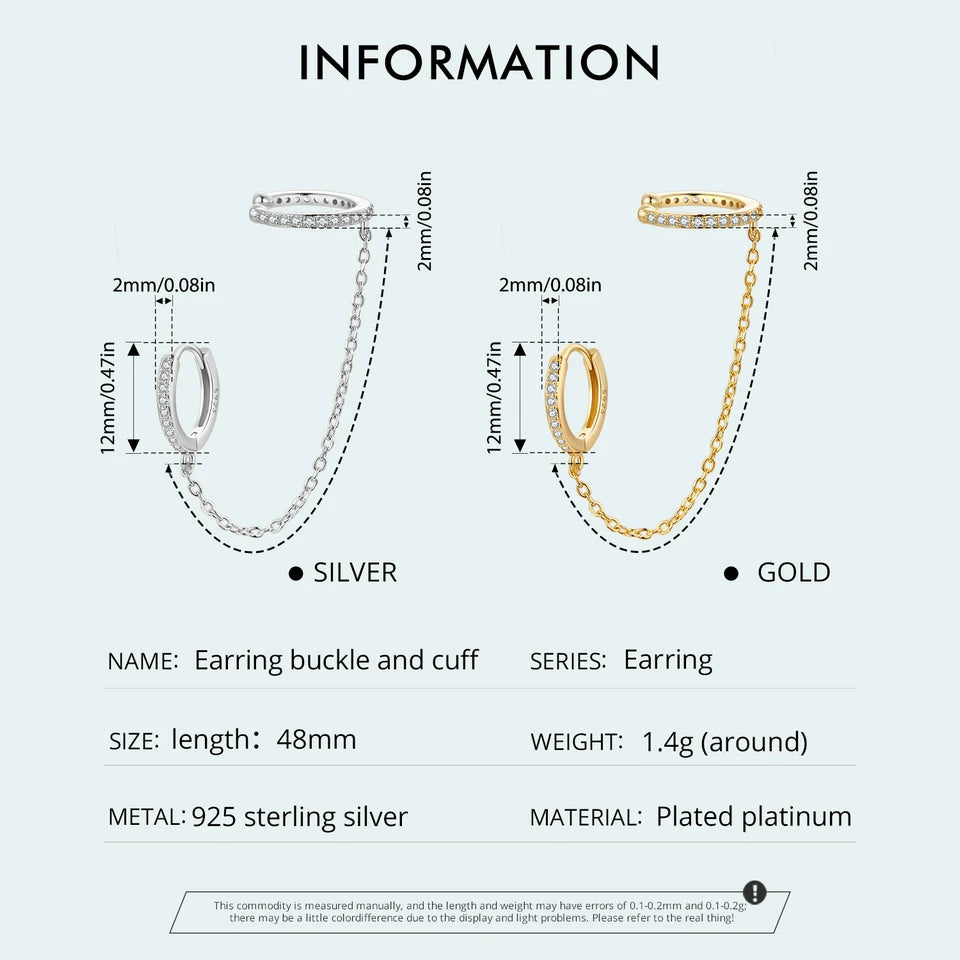 Zircon Stud Earrings with Chain – 925 Sterling Silver Double Hoop