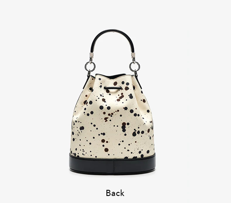 Genuine Leather Bucket Bag – Dot Pattern Drawstring