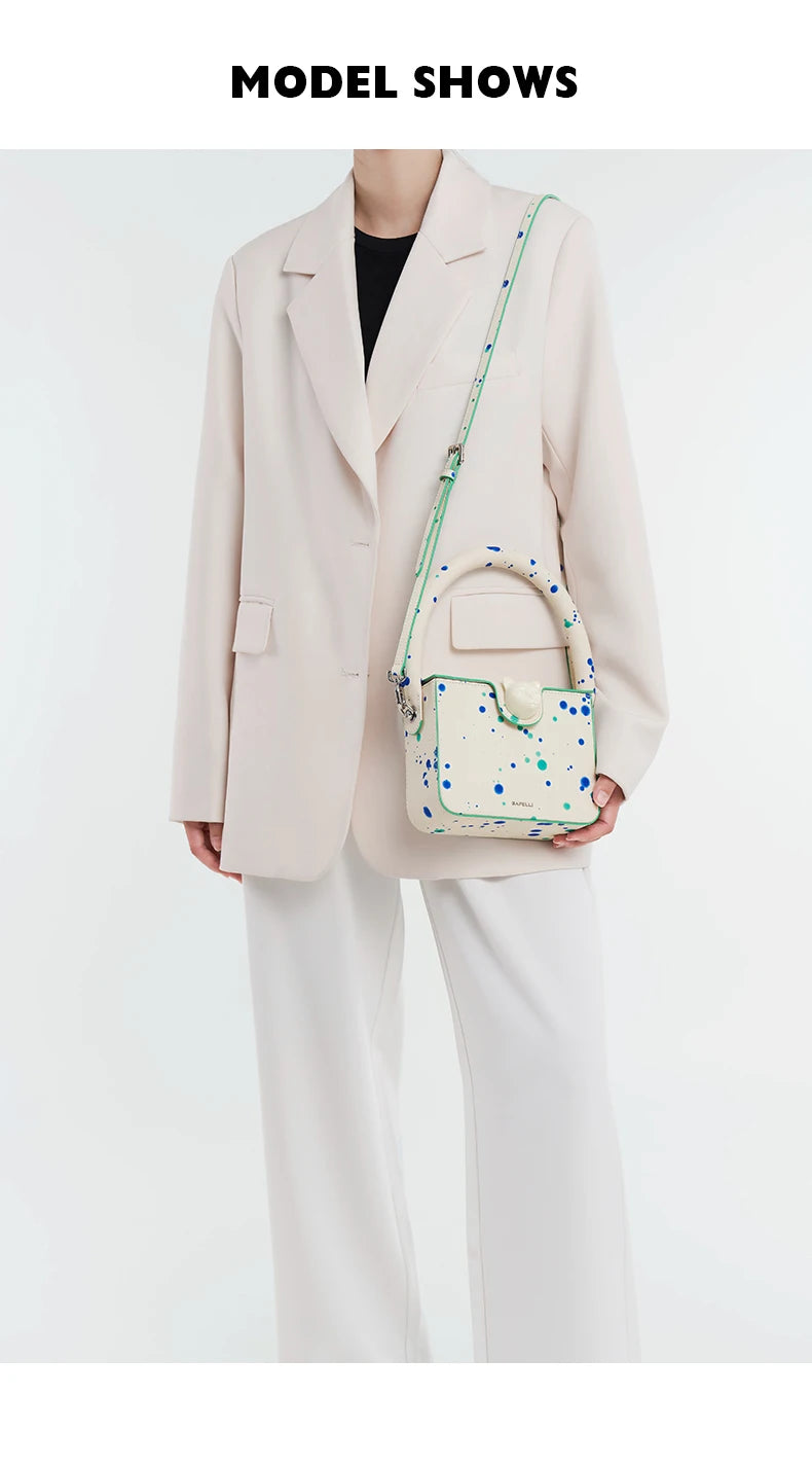 Boxy Genuine Leather Flap Bag – Dot Pattern Cat Design