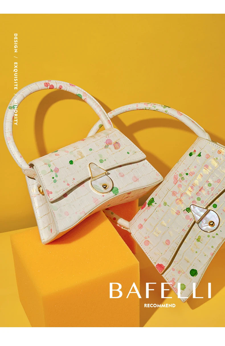 Genuine Leather Half Moon Flap Bag with Floral Pattern