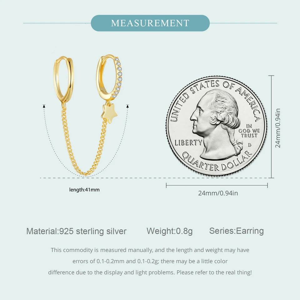 Zircon Stud Earrings with Chain – 925 Sterling Silver Double Hoop