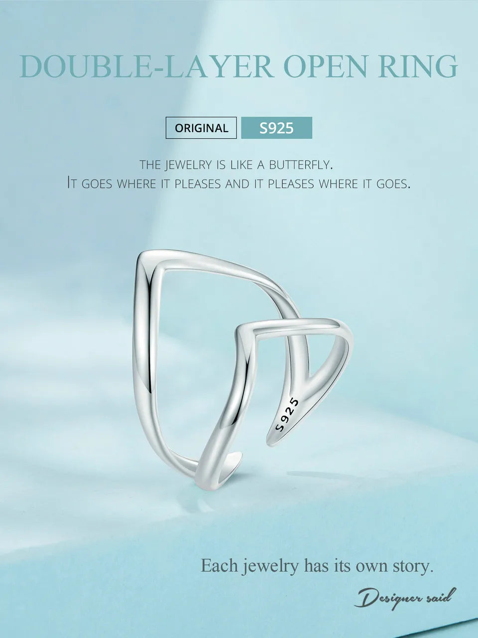 925 Sterling Silver Adjustable V-Shaped Ring with Double-Layer Design