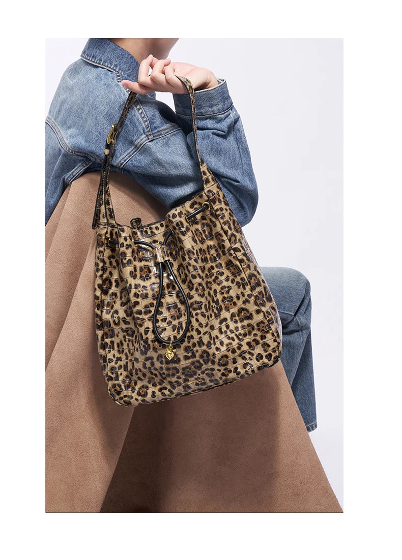Soft Cowhide Leather Hobo Tote – Leopard Shoulder and Crossbody Bag