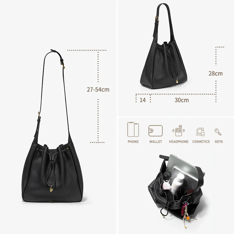 Genuine Cow Leather Hobo Bag – Soft Drawstring Everyday Style
