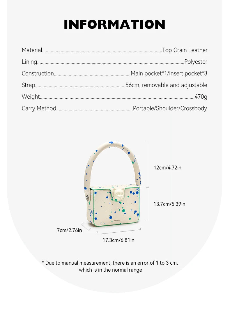 Boxy Genuine Leather Flap Bag – Dot Pattern Cat Design
