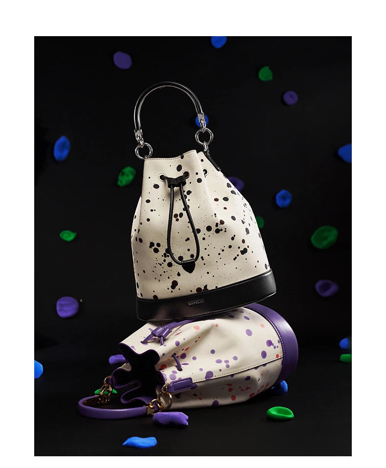 Genuine Leather Bucket Bag – Dot Pattern Drawstring