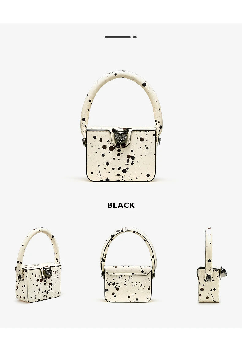 Boxy Genuine Leather Flap Bag – Dot Pattern Cat Design