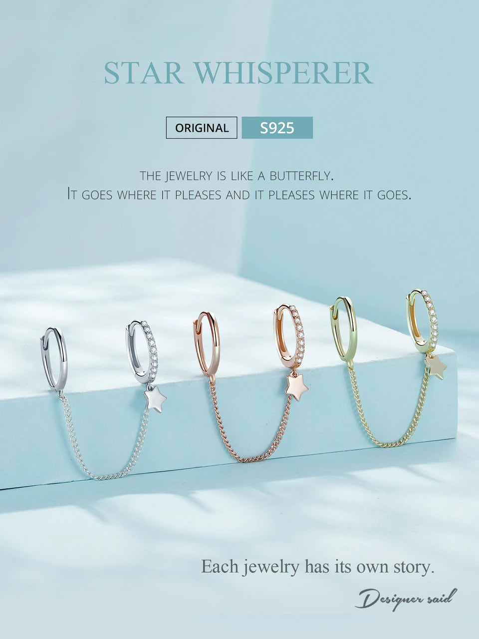 Zircon Stud Earrings with Chain – 925 Sterling Silver Double Hoop