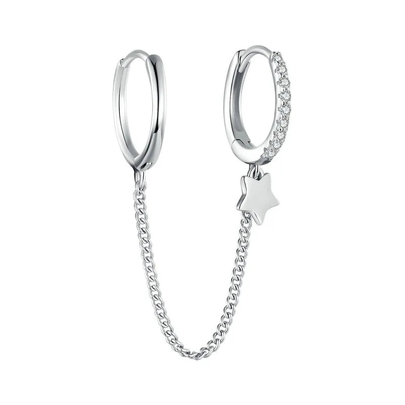 Zircon Stud Earrings with Chain – 925 Sterling Silver Double Hoop