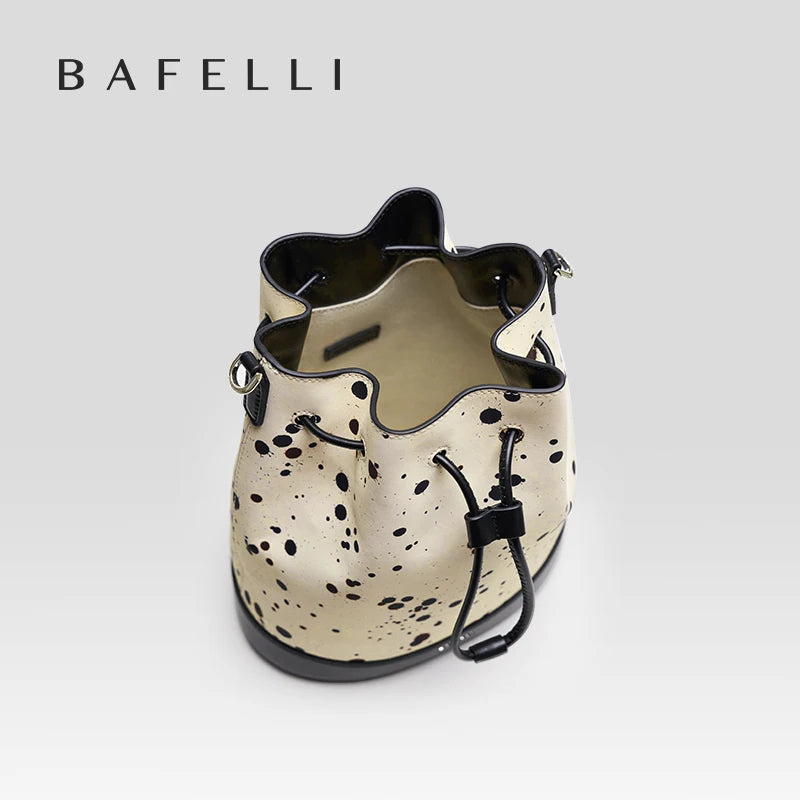 Genuine Leather Bucket Bag – Dot Pattern Drawstring