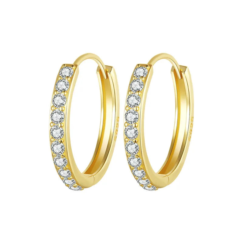 925 Sterling Silver CZ Huggie Hoop Earrings with Geometric Design