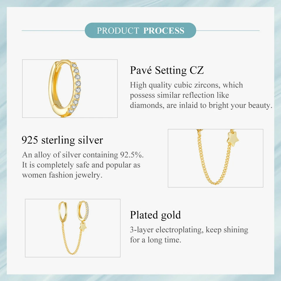 Zircon Stud Earrings with Chain – 925 Sterling Silver Double Hoop