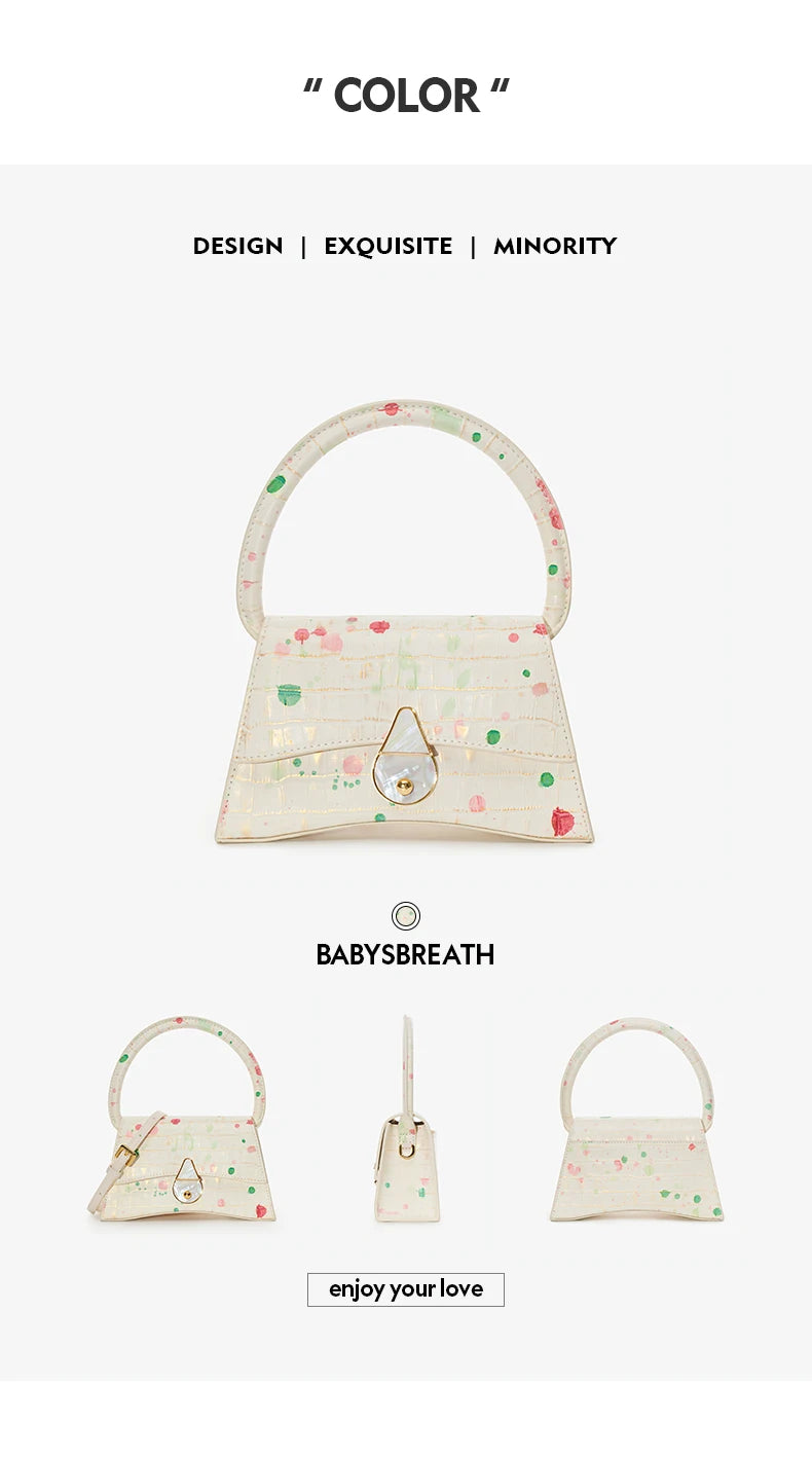 Genuine Leather Half Moon Flap Bag with Floral Pattern