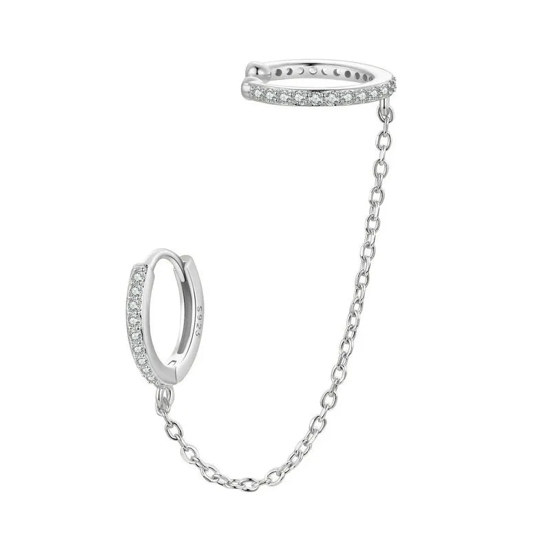 Zircon Stud Earrings with Chain – 925 Sterling Silver Double Hoop