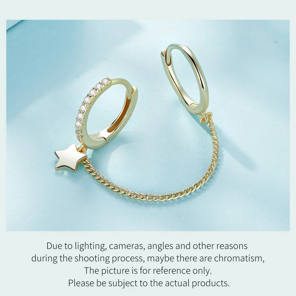 Zircon Stud Earrings with Chain – 925 Sterling Silver Double Hoop