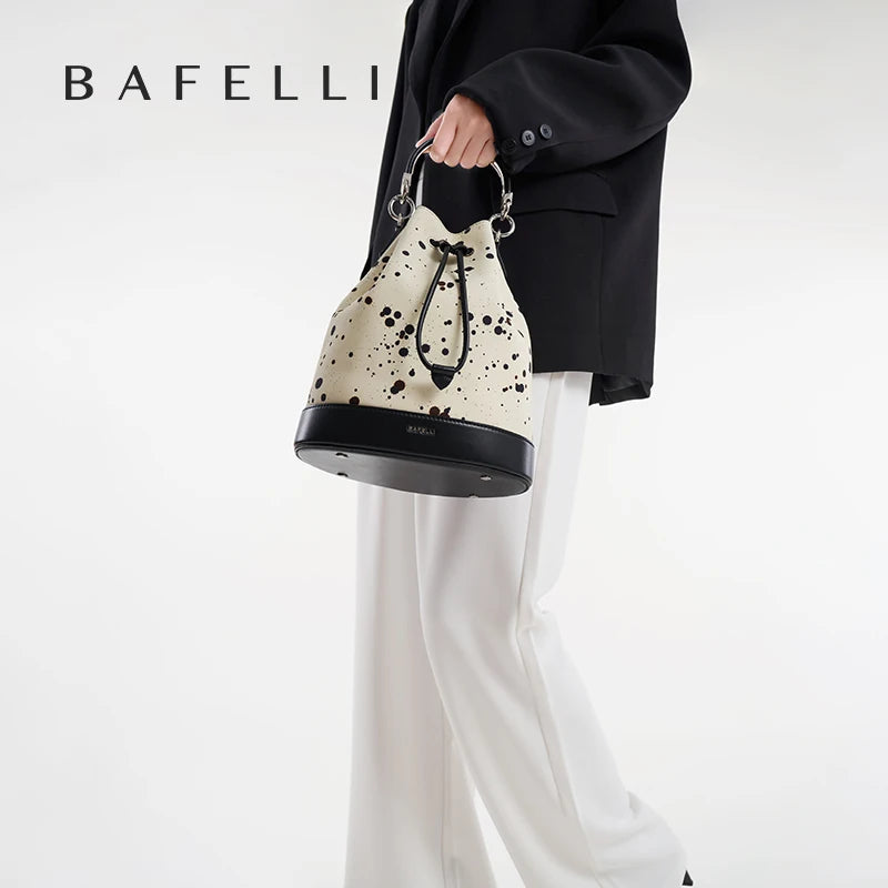 Genuine Leather Bucket Bag – Dot Pattern Drawstring