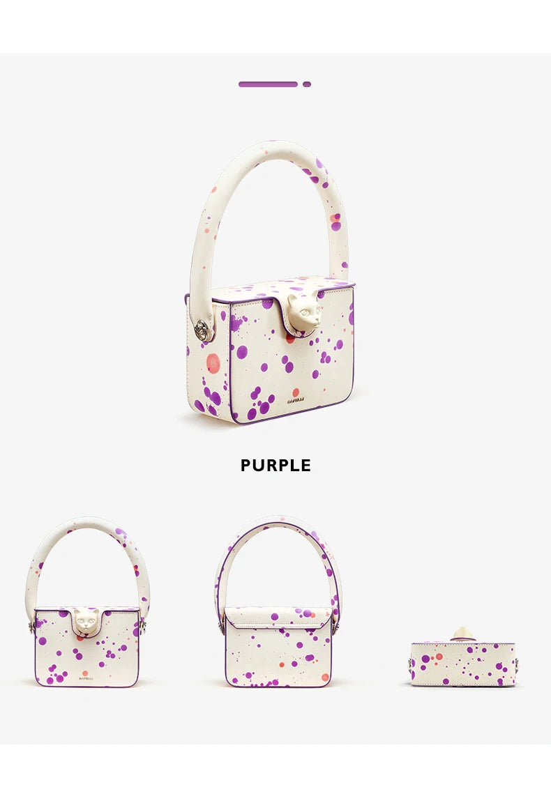 Boxy Genuine Leather Flap Bag – Dot Pattern Cat Design