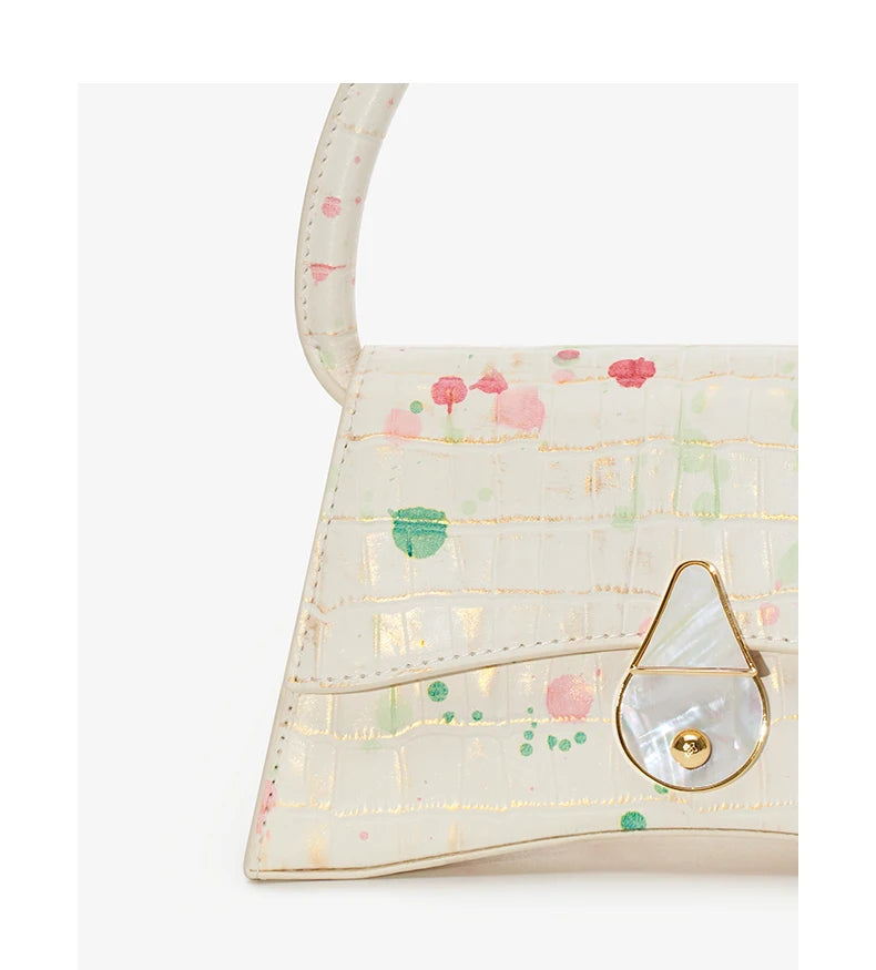 Genuine Leather Half Moon Flap Bag with Floral Pattern