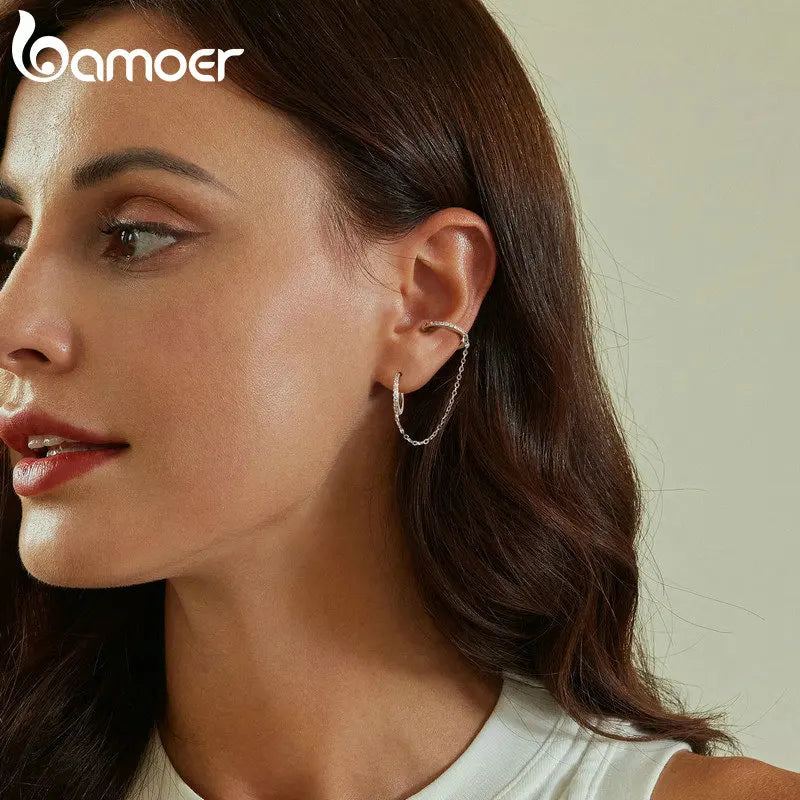 Zircon Stud Earrings with Chain – 925 Sterling Silver Double Hoop