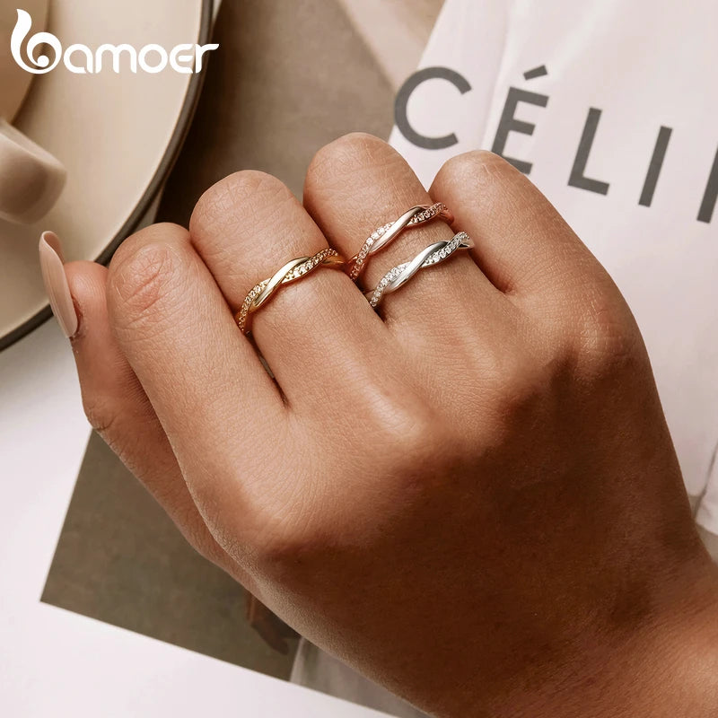 Elegant Twisted Zircon Eternity Ring – 925 Sterling Silver and 14K Gold Plated