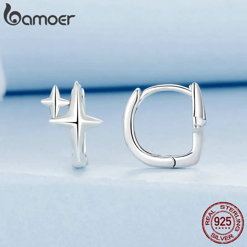 925 Sterling Silver Starlight Hoop Earrings – Minimalist Double Star Huggie