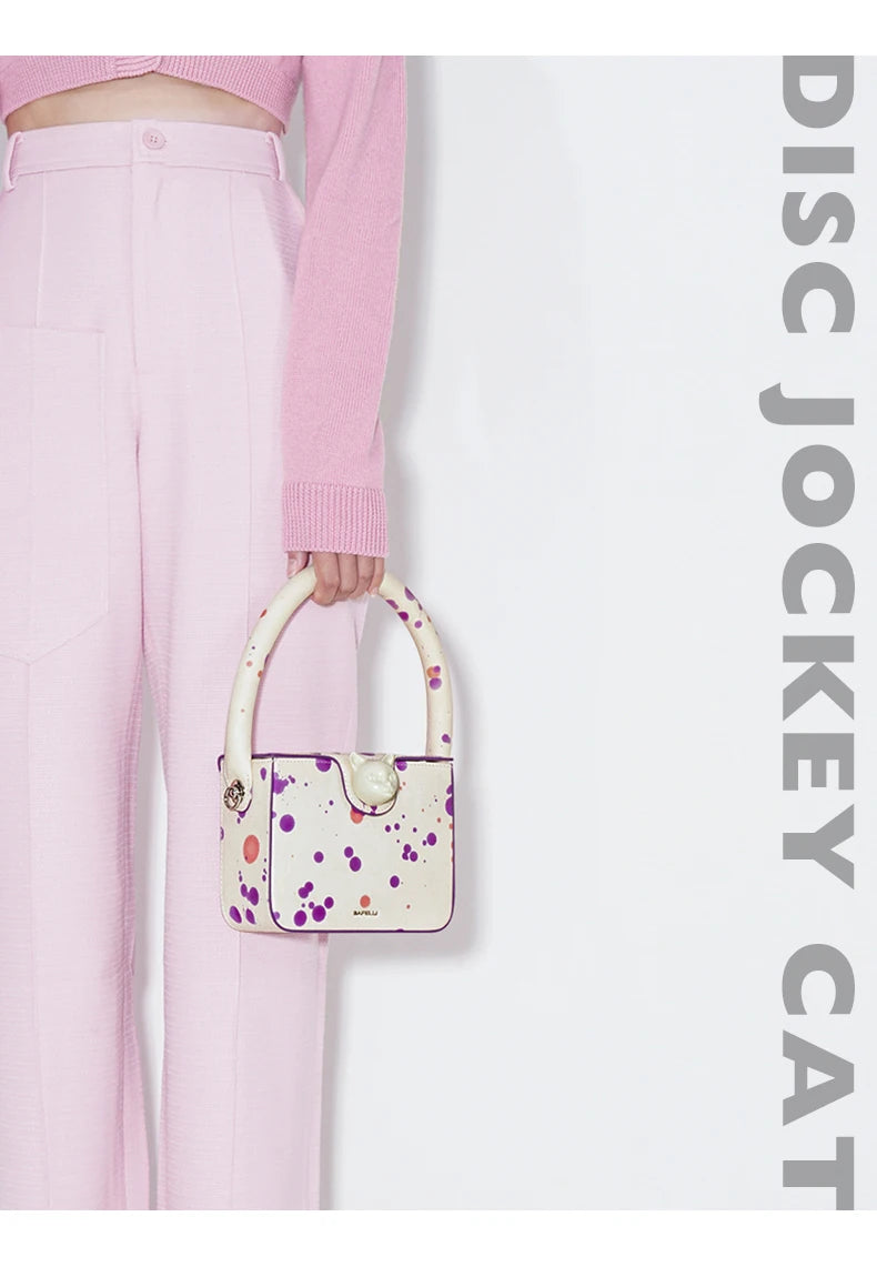 Boxy Genuine Leather Flap Bag – Dot Pattern Cat Design
