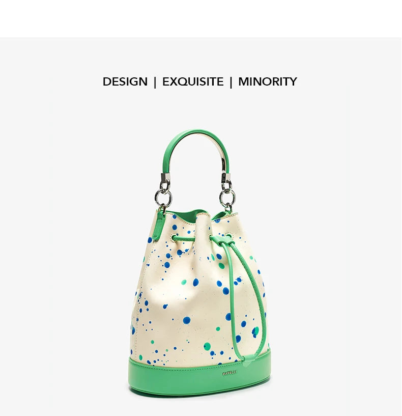 Genuine Leather Bucket Bag – Dot Pattern Drawstring
