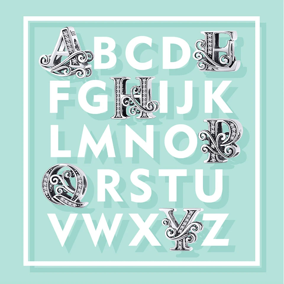 925 Sterling Silver Letter Charm Bead with AAA Zircon